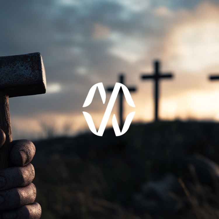 Hand Holding a Hammer with Three Crosses in the Background