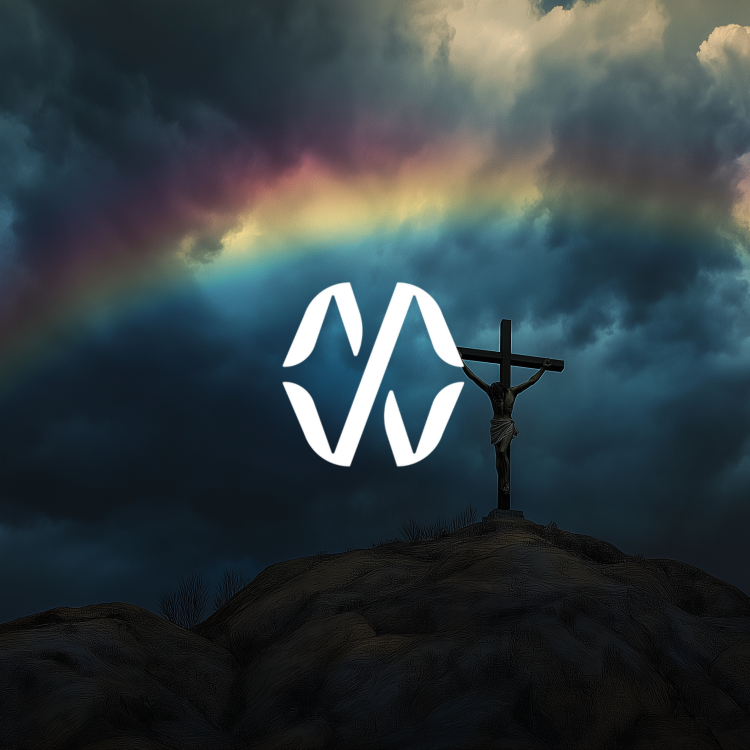 Jesus on the Cross with a Rainbow in the Background