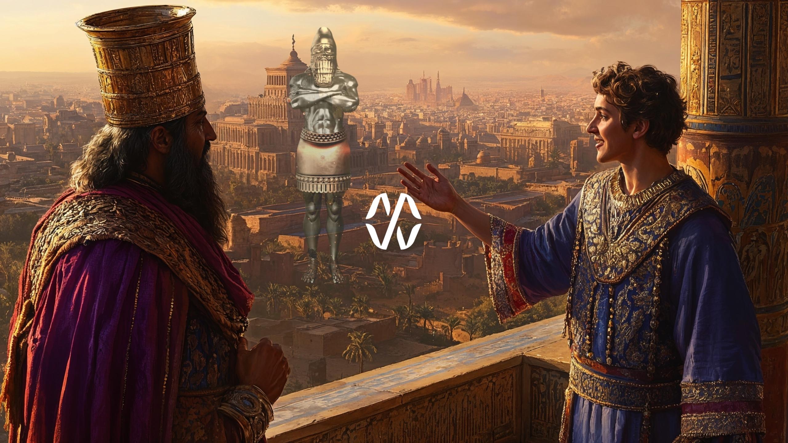 King Nebuchadnezzar and Young Man (Daniel) Discussing a Statue Overlooking a City